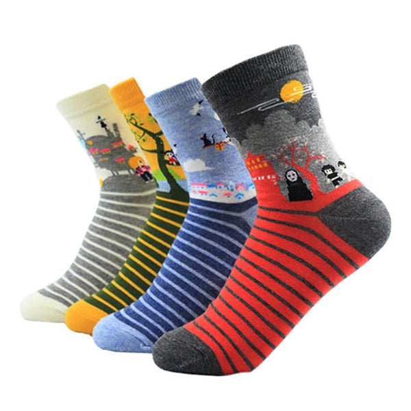 1pair Cute Cartoon Spirited Away Ghibli Miyazaki Anime Women Cotton Socks Harajuku Character Totoro Stripes Funny Crew Socks