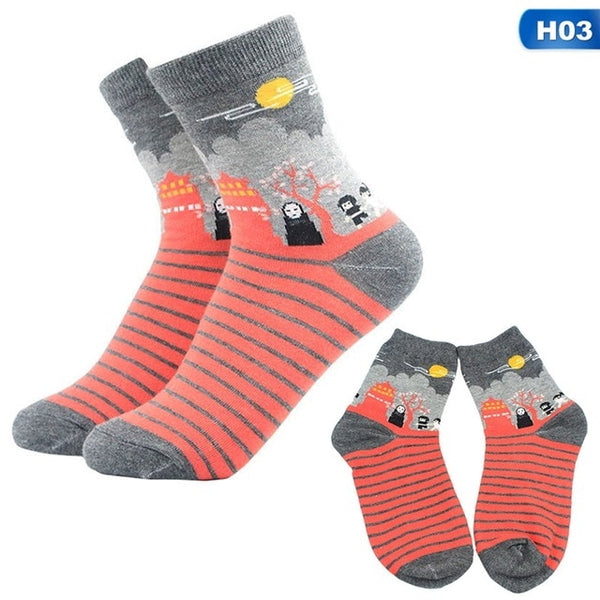 1pair Cute Cartoon Spirited Away Ghibli Miyazaki Anime Women Cotton Socks Harajuku Character Totoro Stripes Funny Crew Socks