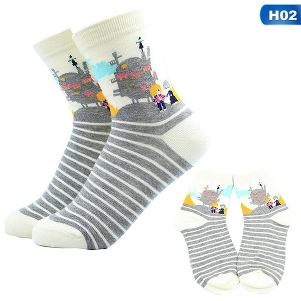 1pair Cute Cartoon Spirited Away Ghibli Miyazaki Anime Women Cotton Socks Harajuku Character Totoro Stripes Funny Crew Socks