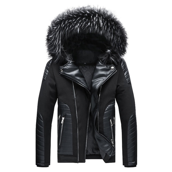 Winter Men's Cotton Coat New Fur Collar Detachable Hooded Pu Jacket Europe Large Size Thick Cotton Clothing Doudoune Homme