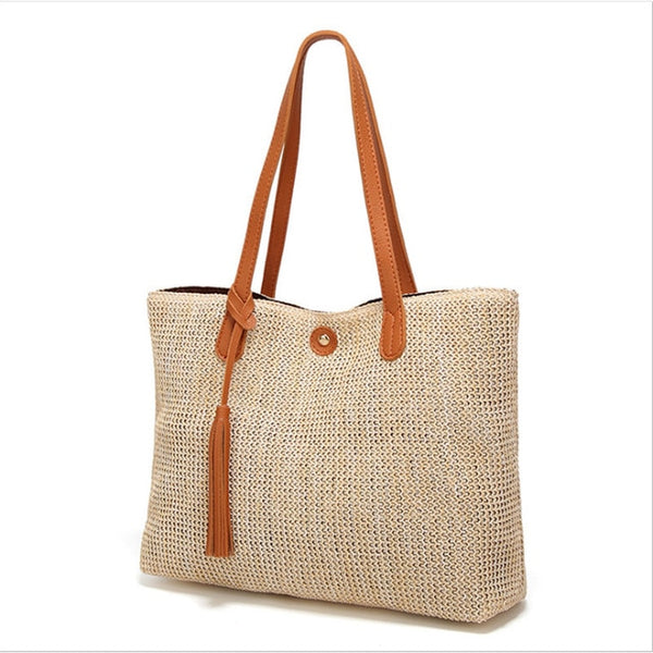 New Fashion Women Boho Woven Handbag Summer Beach Tote Straw Bag Square Rattan Shoulder Bags