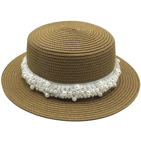 2020 summer Flat sun hats for women chapeau feminino straw hat panama style cappelli Side with pearl Beach bucket cap girl topee