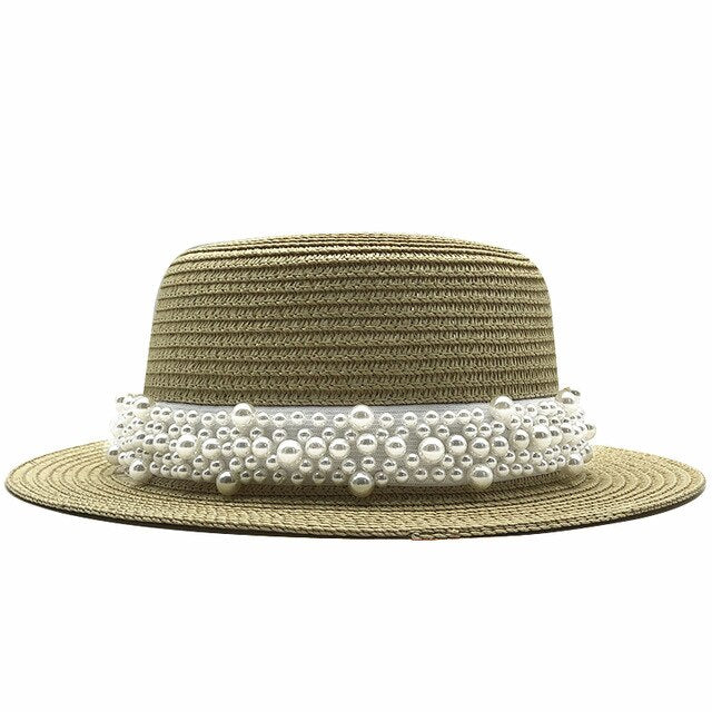 2020 summer Flat sun hats for women chapeau feminino straw hat panama style cappelli Side with pearl Beach bucket cap girl topee