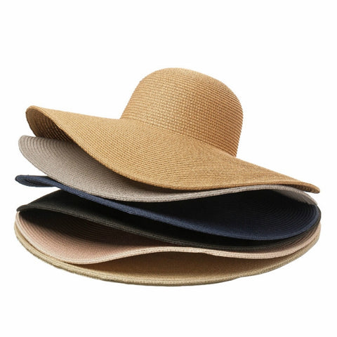 Summer solid color straw hat women big wide along the beach hat sun hat simple foldable sunscreen UV-resistant Panama hat