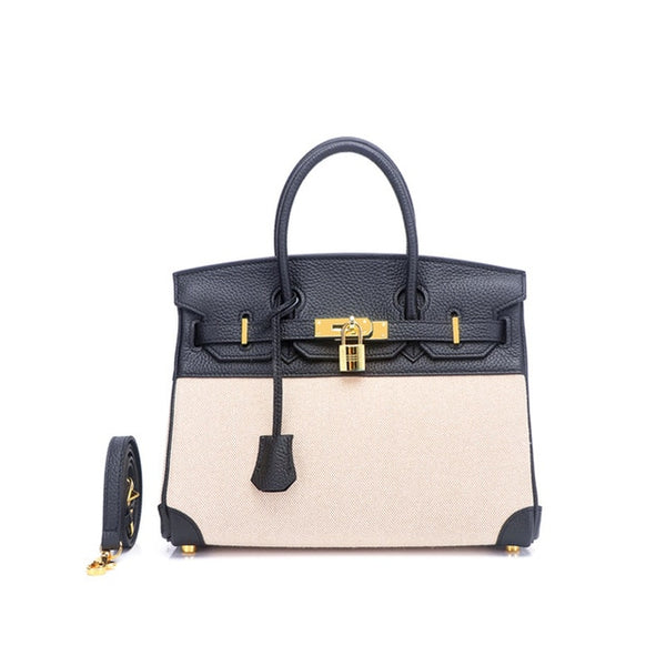 The New  Female Bag First Layer Cowhide with Canvas Fashion  Women Handbag Shoulder Bag Luxury Handbags Women Bags Designer