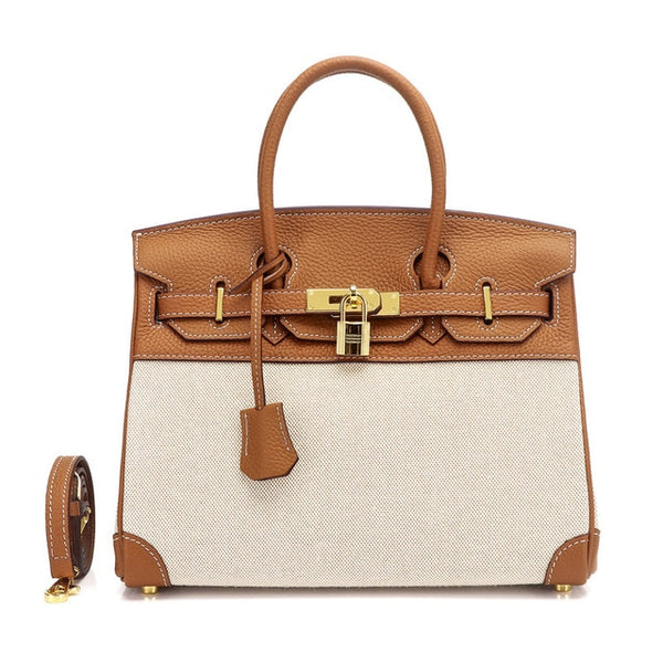 The New  Female Bag First Layer Cowhide with Canvas Fashion  Women Handbag Shoulder Bag Luxury Handbags Women Bags Designer