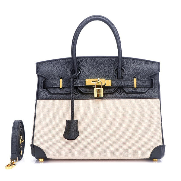 The New  Female Bag First Layer Cowhide with Canvas Fashion  Women Handbag Shoulder Bag Luxury Handbags Women Bags Designer