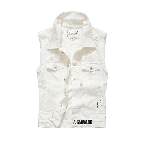 New Men's White Denim Vest Male Coat 4XL 5XL Vintage Hole Steetwear Casual Sleeveless Jacket Men Waistcoat Brand Clothing AF1002