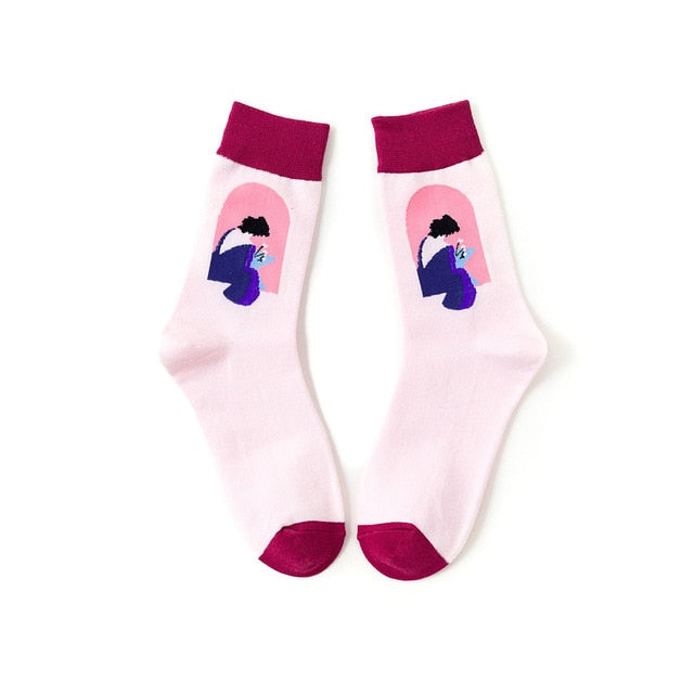 5 pairs Hot Sale Casual sports women creative illustration happy Socks fashion design funny Socks woman comfortable Cotton Socks