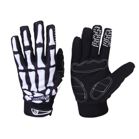 Qepae Bicycle Gloves Skeleton Pattern Full Finger Warm Bike Sports Gloves Black + White