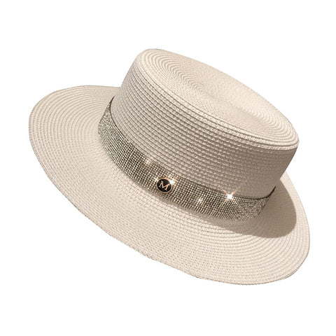 Bauhinia summer hat Hepburn ladies flat Simple Flat Top White  Elegant Fashion M letter Straw Hat