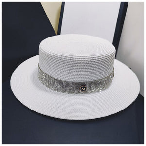 Bauhinia summer hat Hepburn ladies flat Simple Flat Top White  Elegant Fashion M letter Straw Hat