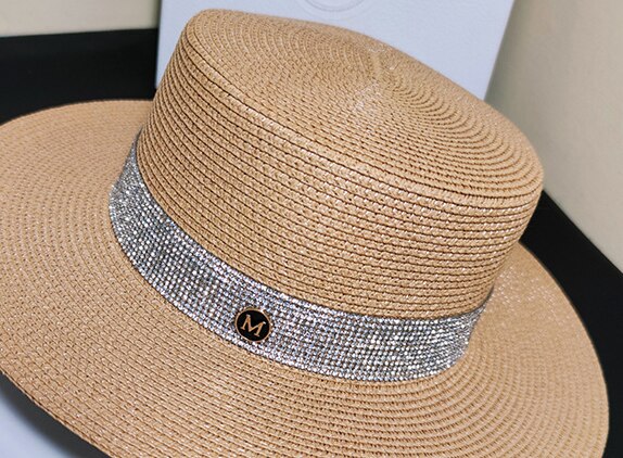 Bauhinia summer hat Hepburn ladies flat Simple Flat Top White  Elegant Fashion M letter Straw Hat