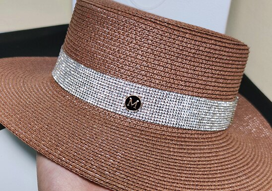 Bauhinia summer hat Hepburn ladies flat Simple Flat Top White  Elegant Fashion M letter Straw Hat