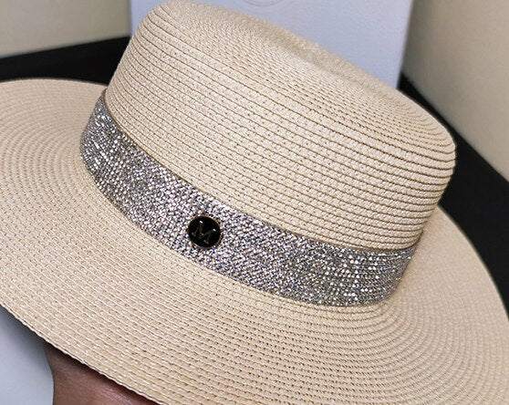 Bauhinia summer hat Hepburn ladies flat Simple Flat Top White  Elegant Fashion M letter Straw Hat