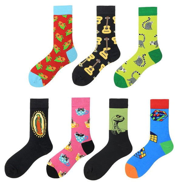 PEONFLY Harajuku Happy Men Socks Funny Colorful Cartoon Cat Monkey Guitar Pattern Novelty Sock Combed Cotton Funny Socks