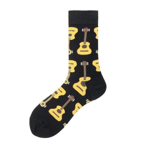 PEONFLY Harajuku Happy Men Socks Funny Colorful Cartoon Cat Monkey Guitar Pattern Novelty Sock Combed Cotton Funny Socks