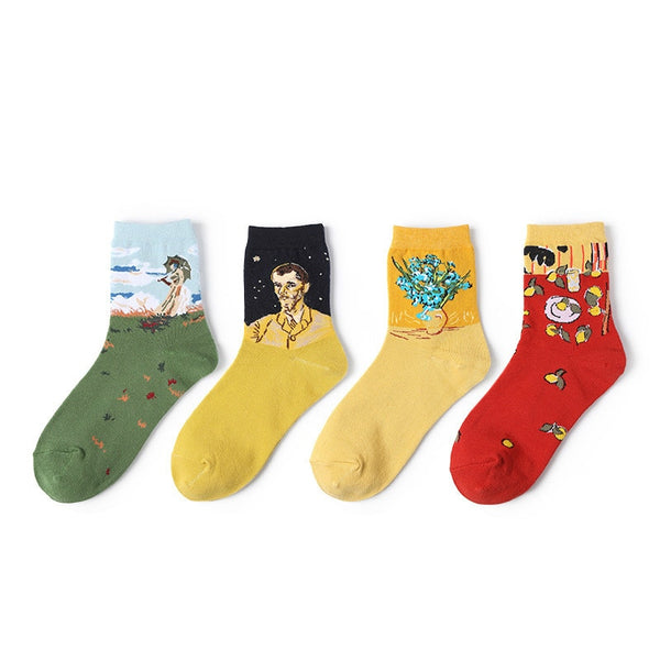 New Famous Painting Art Printed Funny Casual Cotton Crew Socks Women Van Gogh Lemon Pattern Harajuku Novelty Design Gift dress