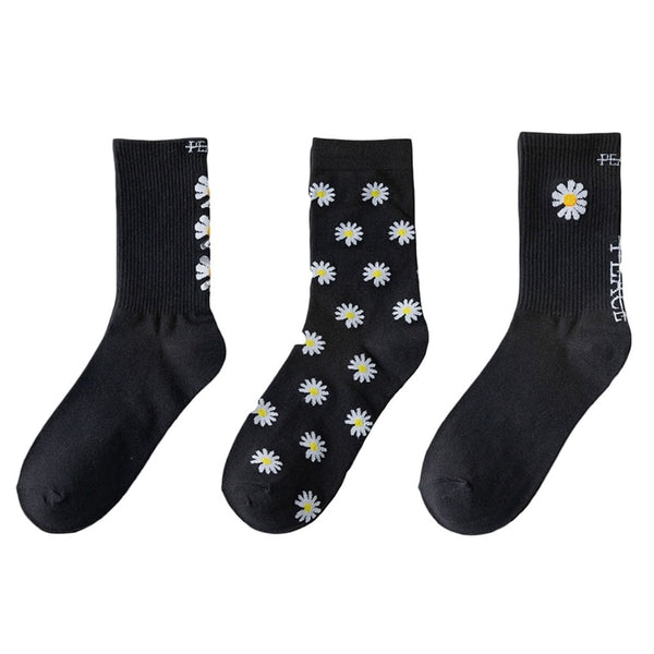 Embroidery Daisy Peaceminusone Cotton Socks Elastic Socks Unisex Winter Socks