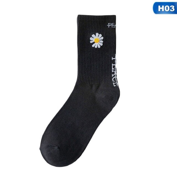 Embroidery Daisy Peaceminusone Cotton Socks Elastic Socks Unisex Winter Socks